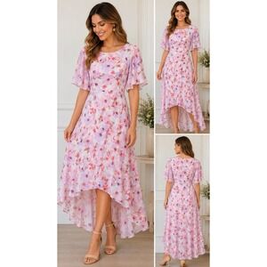 Anne Klein Watercolor High Low Floral Dress Flutter Sleeves Fit & Flare Size 8-M
